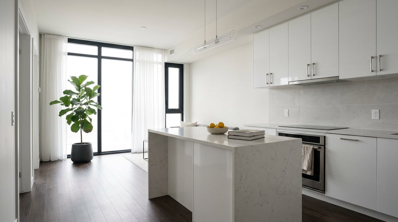 Open-concept condo kitchen with a white-veined island, glossy white cabinets, and a fiddle-leaf fig beside a sheer-curtained window.