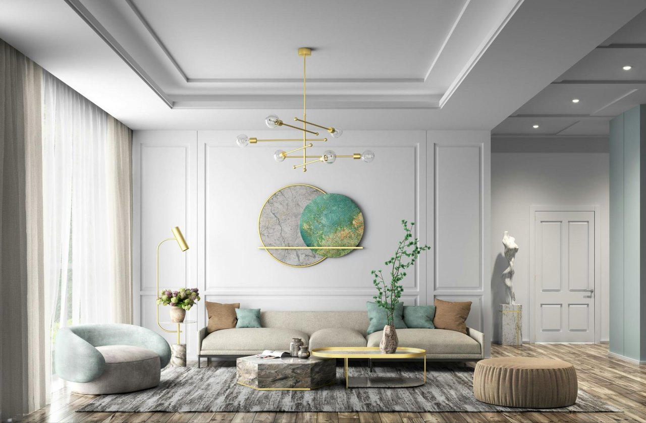 Furnished living room with a sculptural chandelier, pale panelled walls, and teal accents.