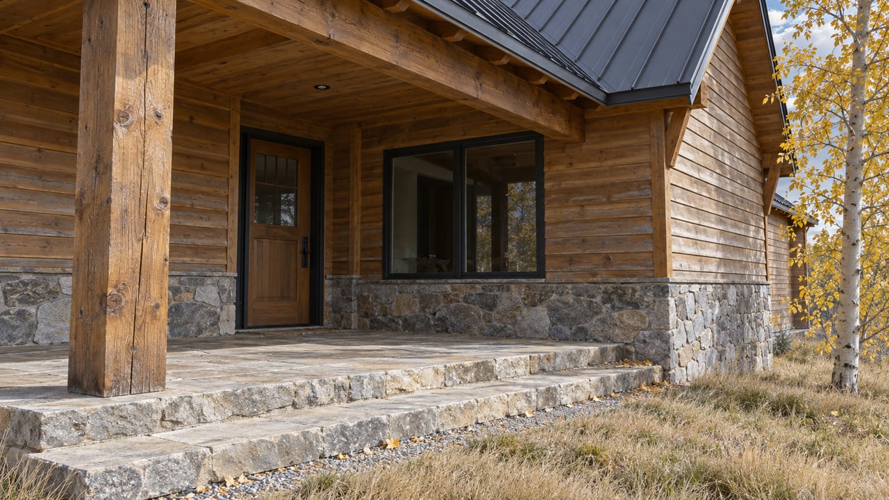 Timber-covered entry of a wood-sided home with a metal gable roof, stone porch steps, and golden aspen foliage.