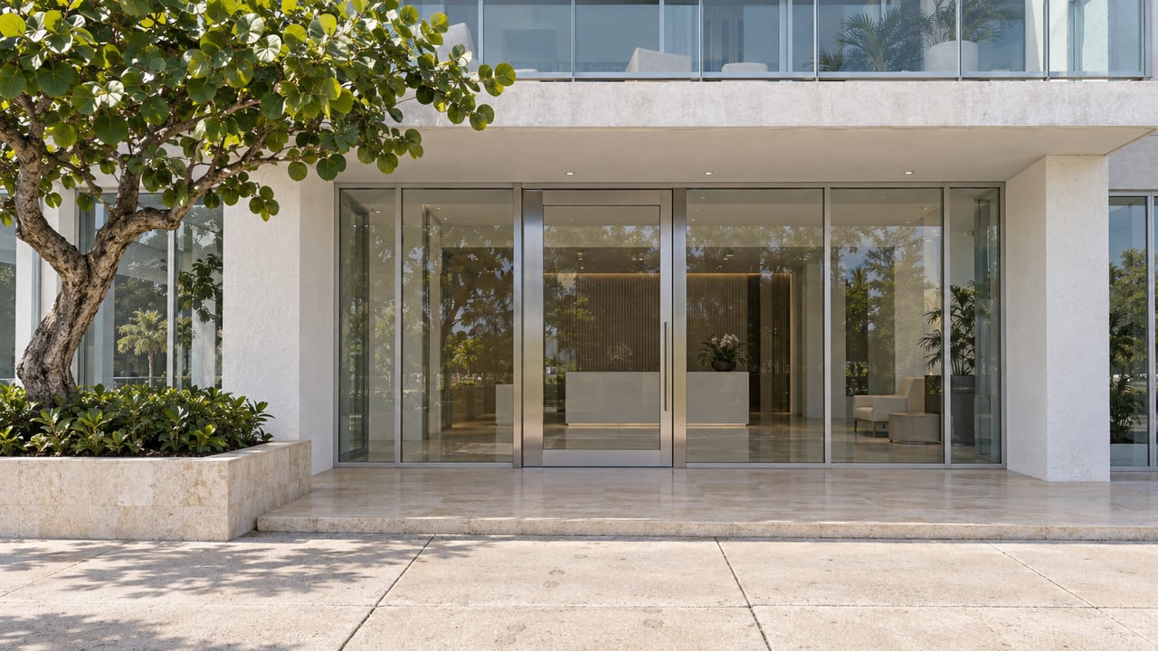 Glazed residential lobby with a closed pivot door, pale stone landing, and pruned tree in a raised planter.