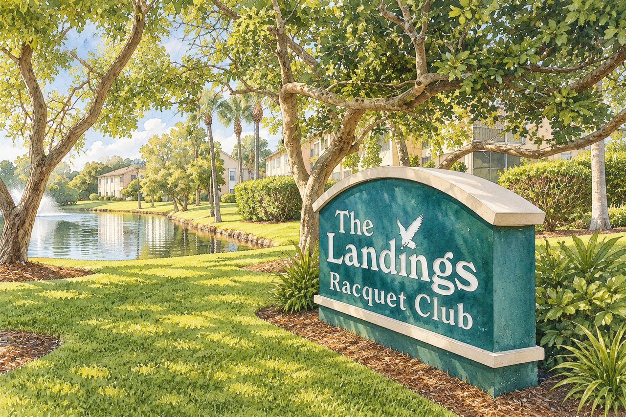The Landings Racquet Club entrance sign beside a landscaped canal and residences.