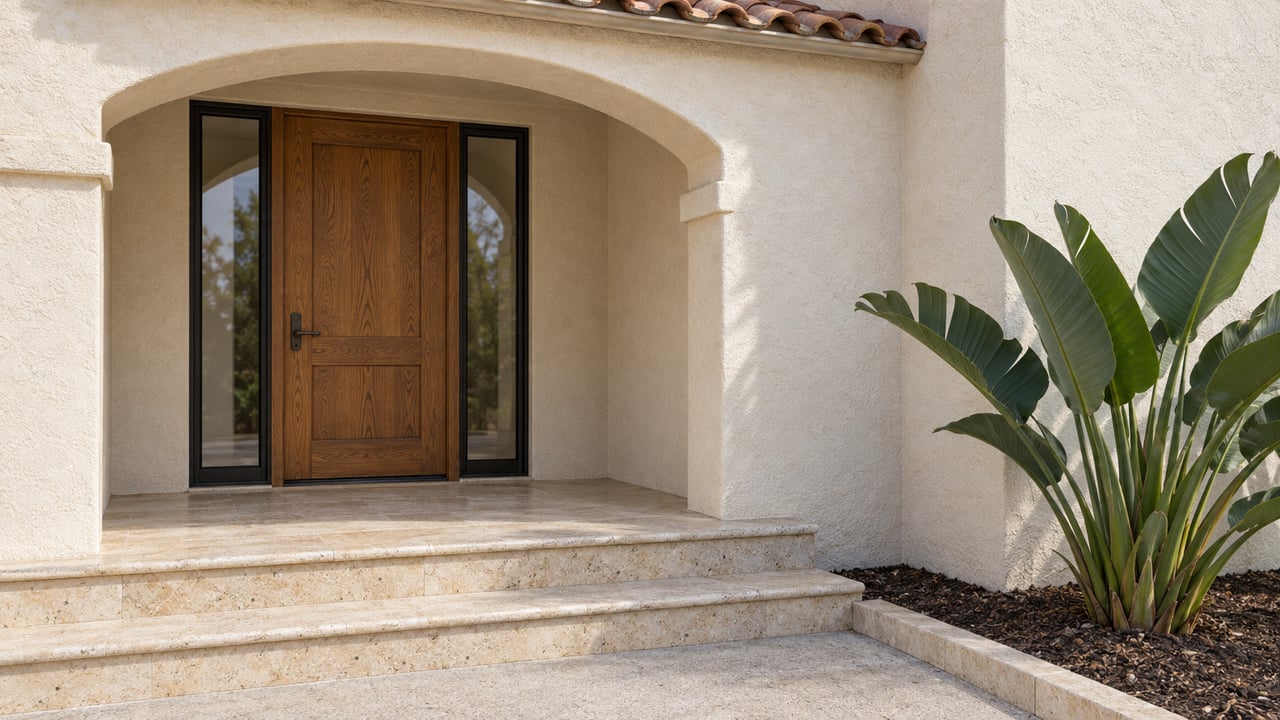 Cream stucco arched entry with an oak door, paired glazed sidelights, worn limestone steps and one bird-of-paradise plant.