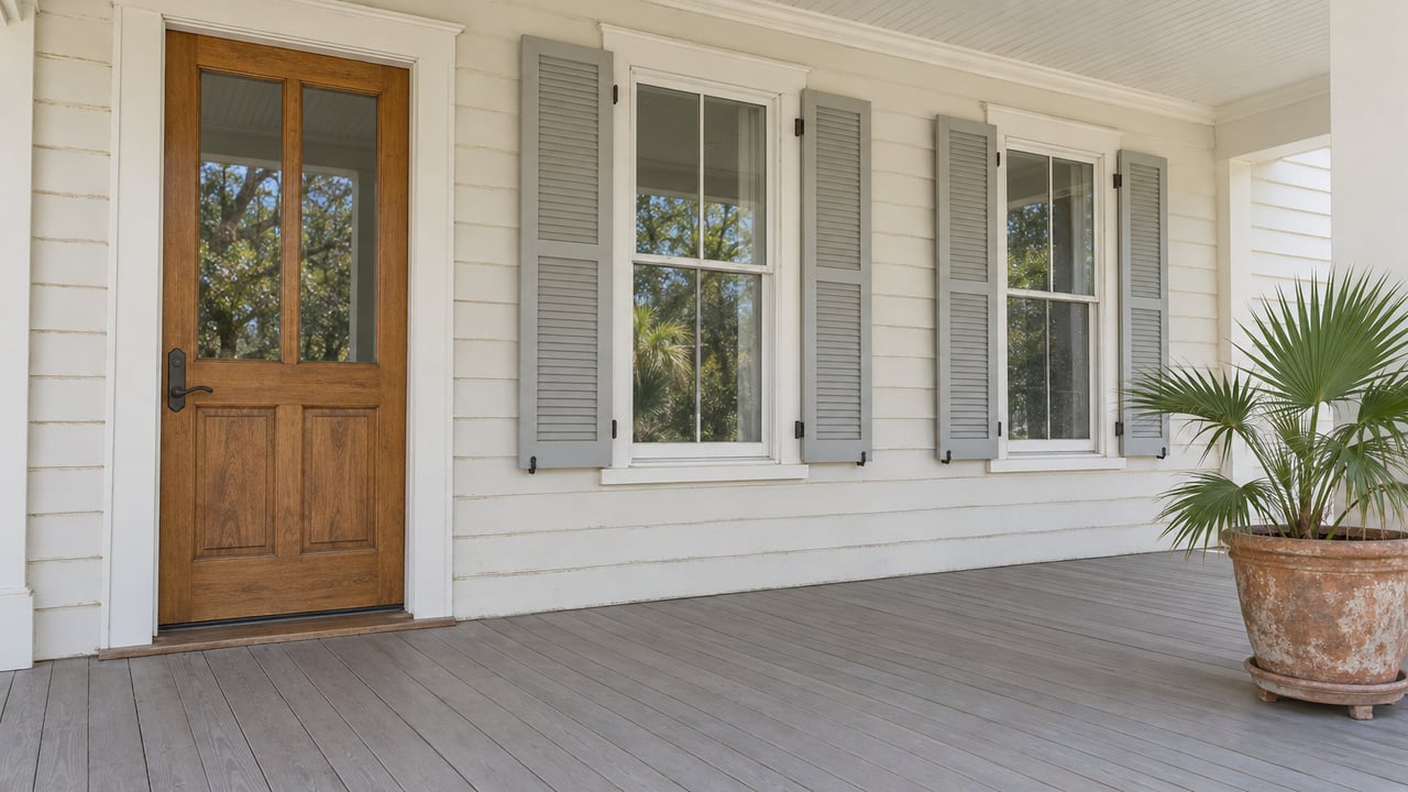 Covered porch with ivory lap siding, a wooden entry door, paired shuttered windows, weathered gray floorboards, and one potted dwarf palmetto.