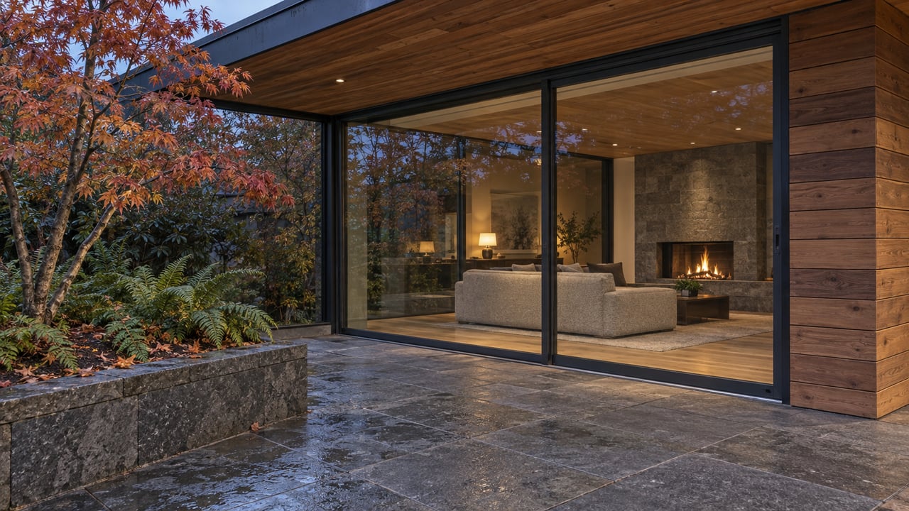 Covered stone terrace beside cedar siding and closed glass doors, with a warmly lit living room and copper-leaved vine maple.