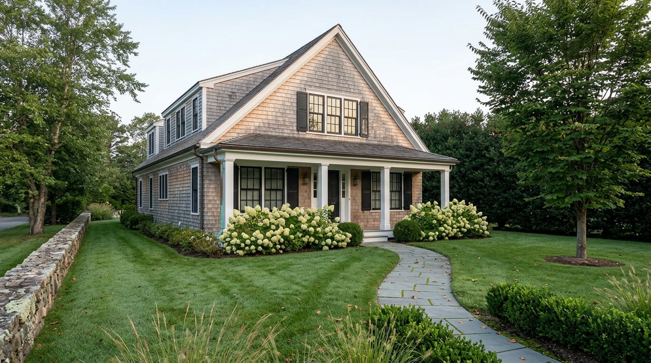 Shingle-style home with a covered porch, curved bluestone path, and katsura tree beside a broad lawn.
