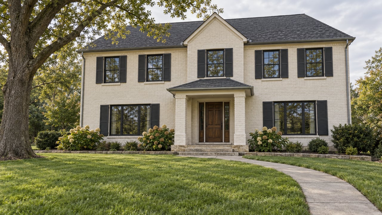 Light-brick two-story home beyond a broad rising lawn, with a mature white oak and a stone-stepped central porch.