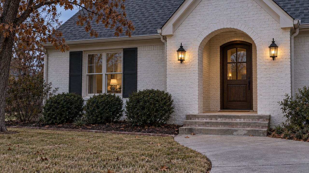 White-painted brick home at dusk with a steep gray gable, arched oak entrance, shuttered window and curved concrete approach beside autumn lawn.