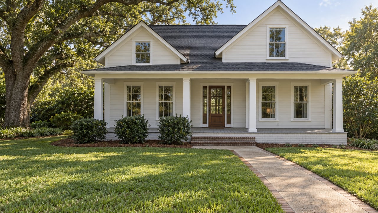 Ivory gabled home with a covered front porch, deep lawn, brick-edged walkway and mature live oak in morning light.
