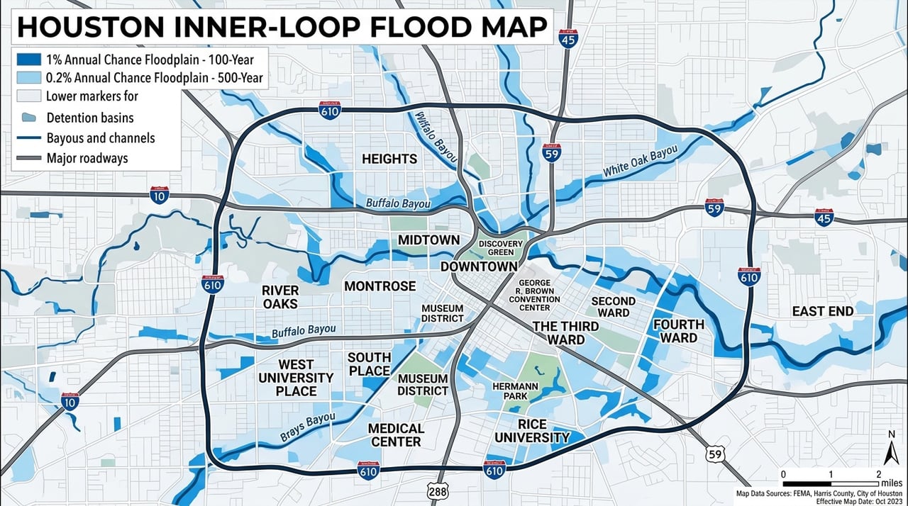 Houston Inner Loop flood map showing 100-year and 500-year floodplains across Heights, Montrose, Midtown, and Medical Center neighborhoods.