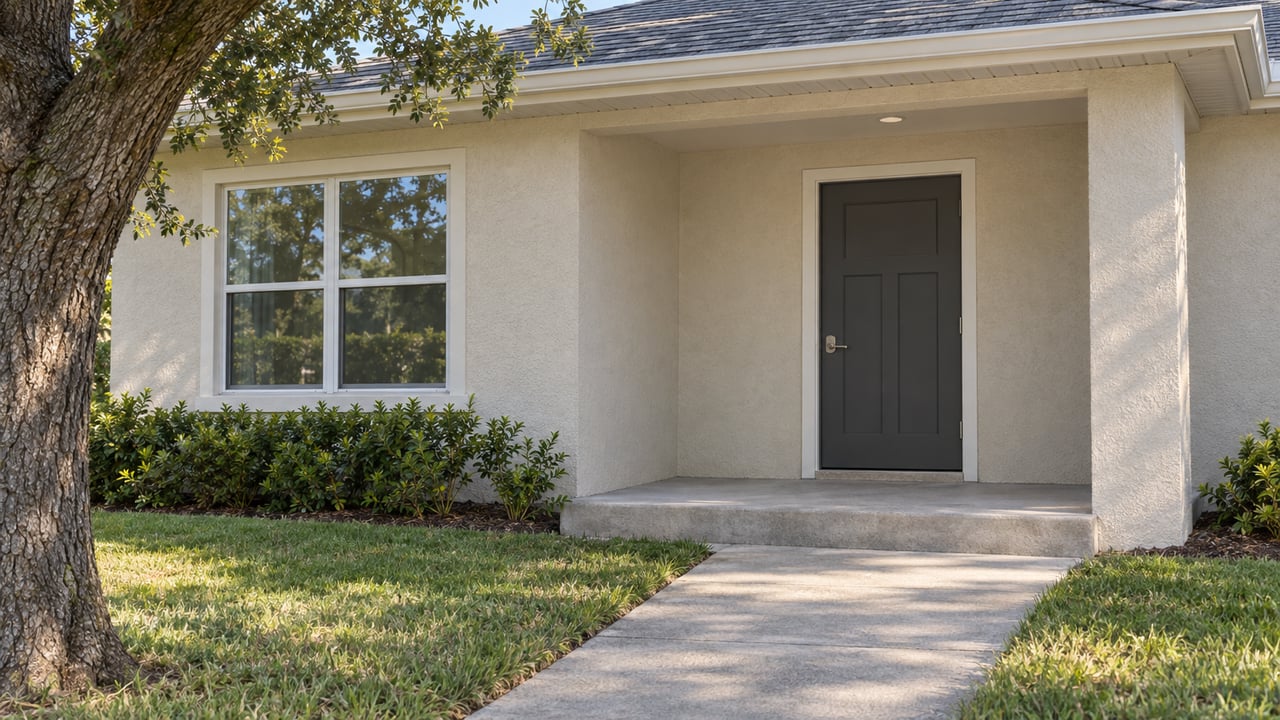 Morning light on a stucco home's covered entry, concrete approach, and lawn beside a mature live oak.