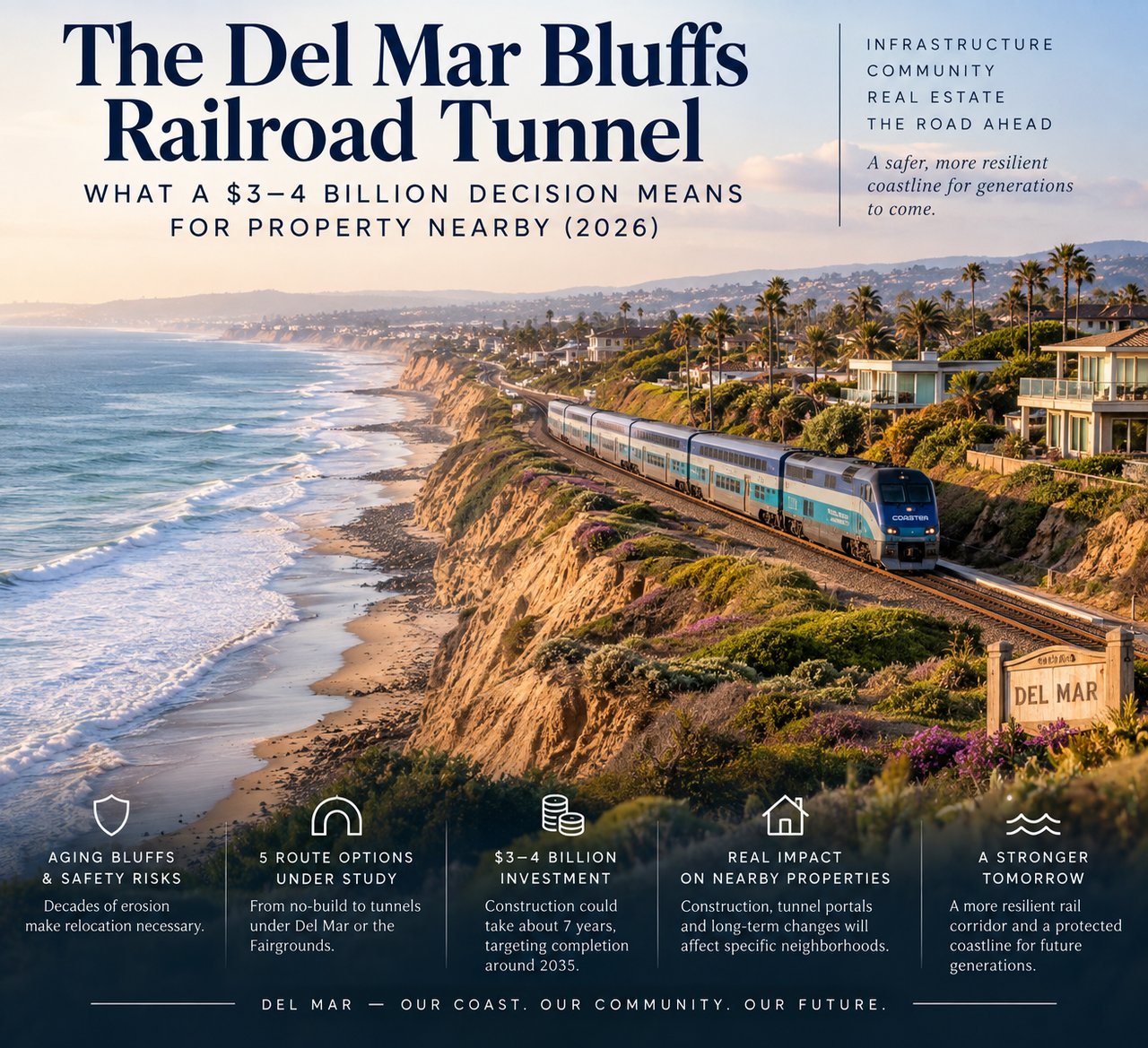 Del Mar tunnel project infographic with a coastal train, homes, route options, cost, timeline, and property impacts.