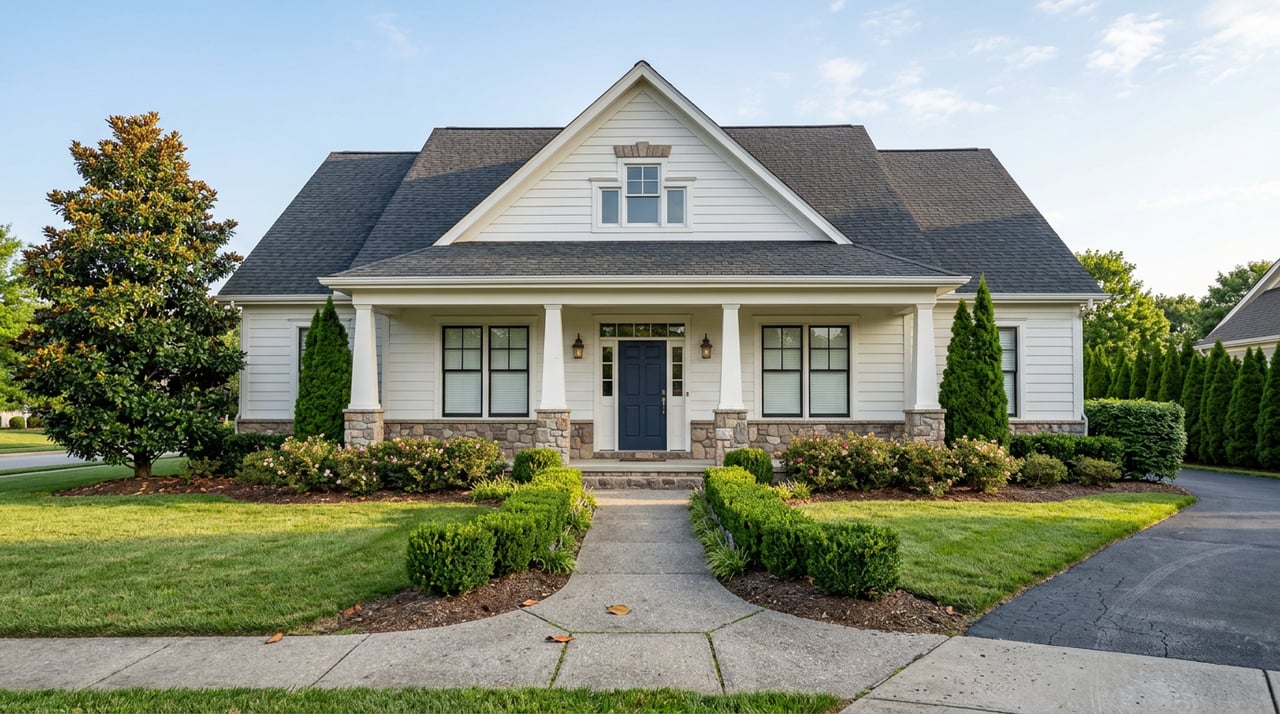 White two-story home with a navy front door, stone porch base, and landscaped lawn.