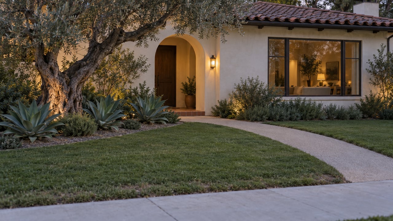 Ivory stucco house with terracotta roof, arched doorway, olive tree, and agaves beside a curving walkway.