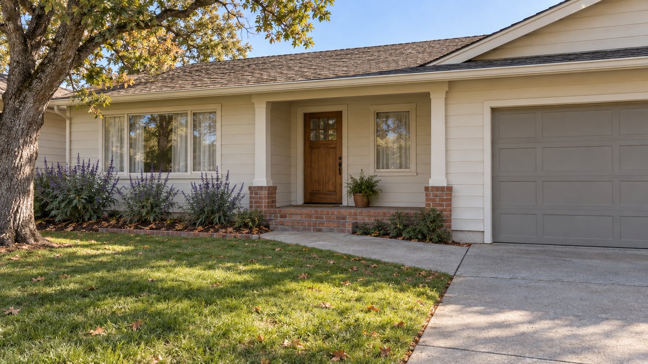 Morning light on an ivory wood-sided home with a brick porch, mature oak, deep lawn and broad concrete driveway.