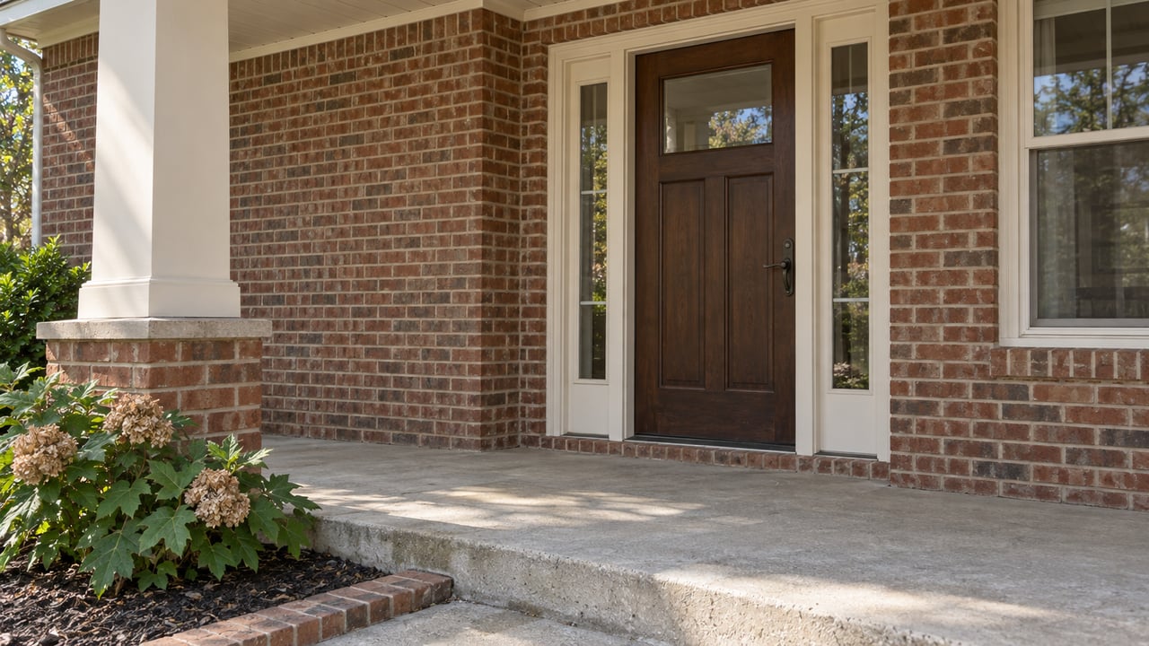 Brick home entry with an oak front door, paired sidelights, cream porch column and oakleaf hydrangea beside a concrete step.