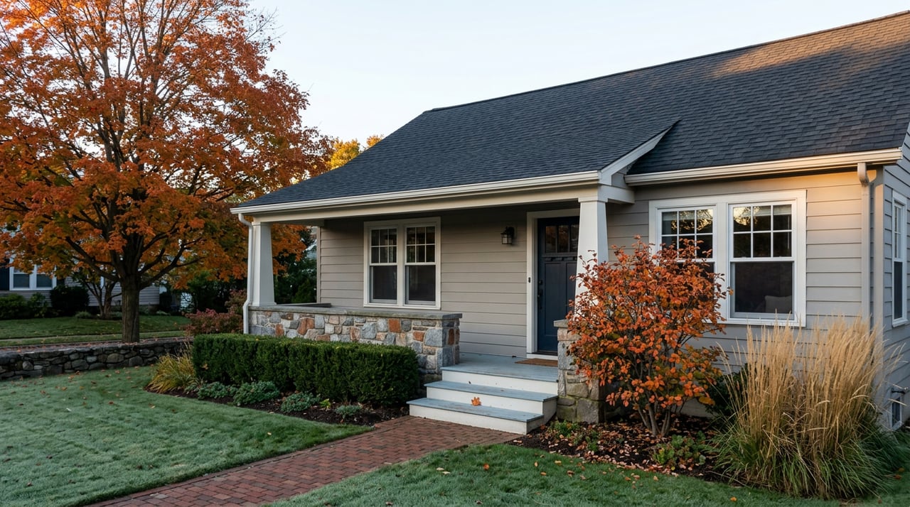 Gray home with a fieldstone porch, warm light on the roof ridge beneath an orange-red maple.