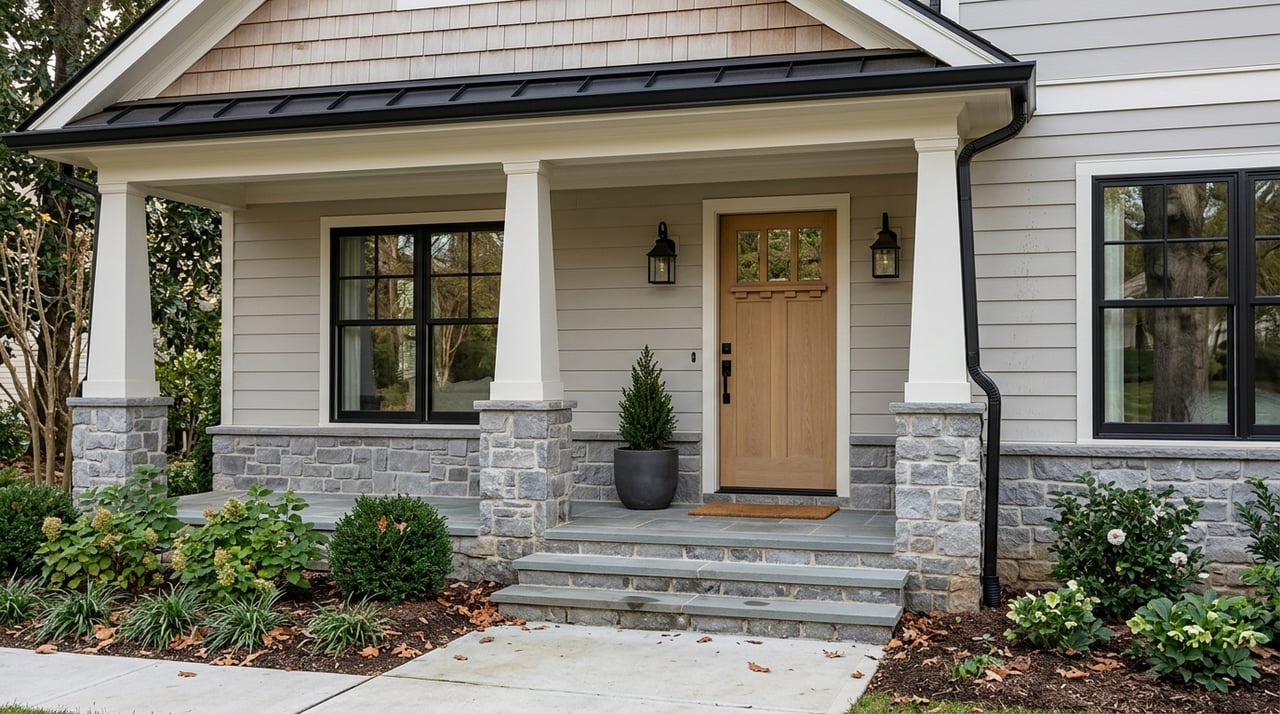 Craftsman entry with a natural oak door, stone piers, bluestone steps, and a charcoal planter.