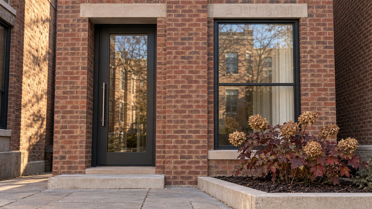 Warm brick townhome entrance with charcoal-framed glazing, limestone trim and a burgundy oakleaf hydrangea beside the paved approach.