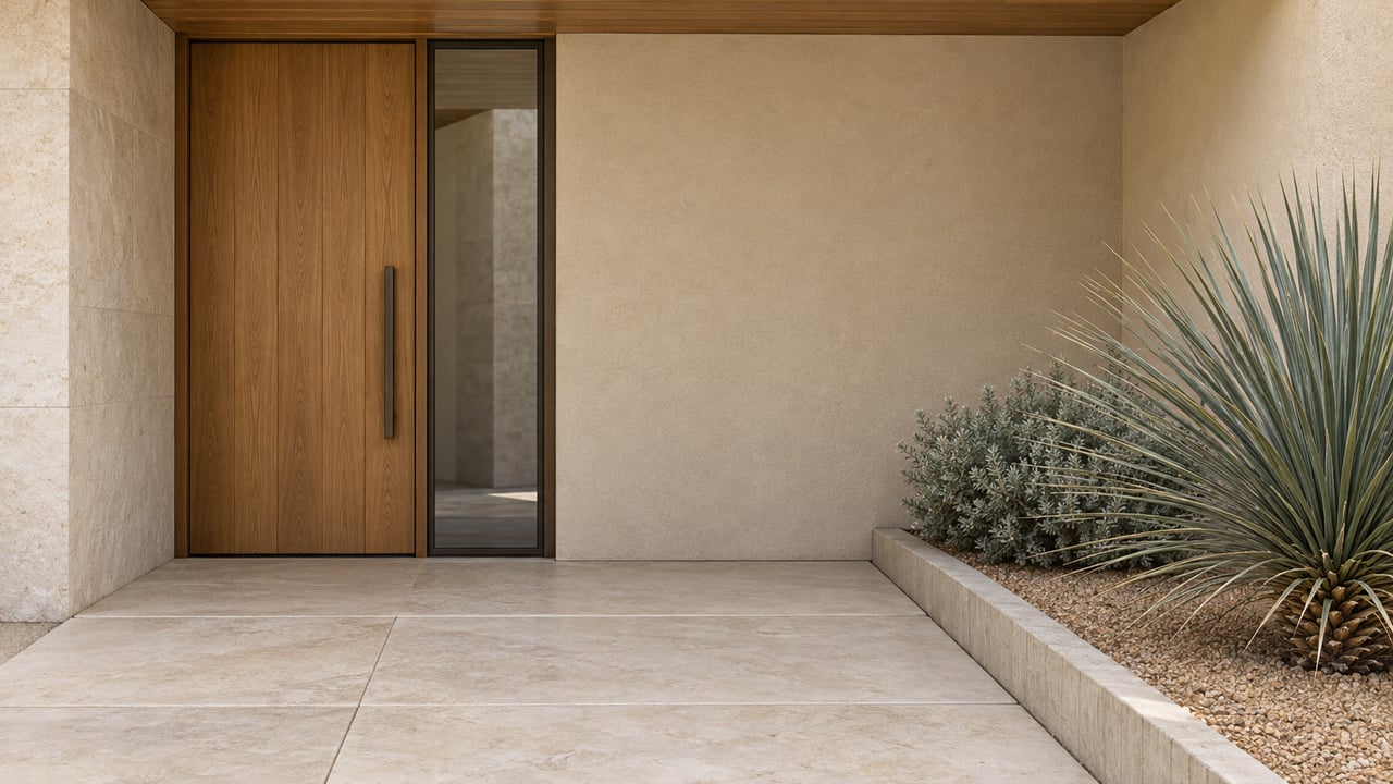 Recessed oak front door with a narrow sidelight, limestone steps, and a spiky desert plant.