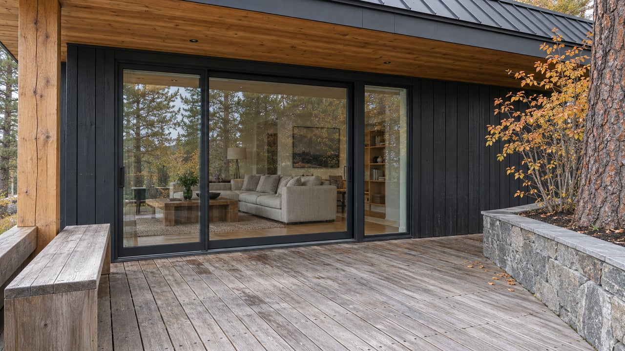 Weathered cedar terrace beside black siding and closed glass doors, with timber soffits and copper-colored serviceberry foliage in a stone planting bed.