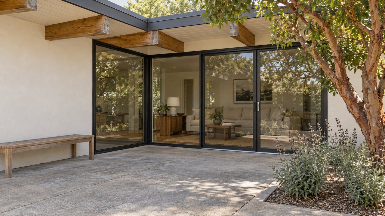 A weathered concrete patio beside a single-story post-and-beam home, with corner glazing, a teak bench and a sculptural strawberry tree.