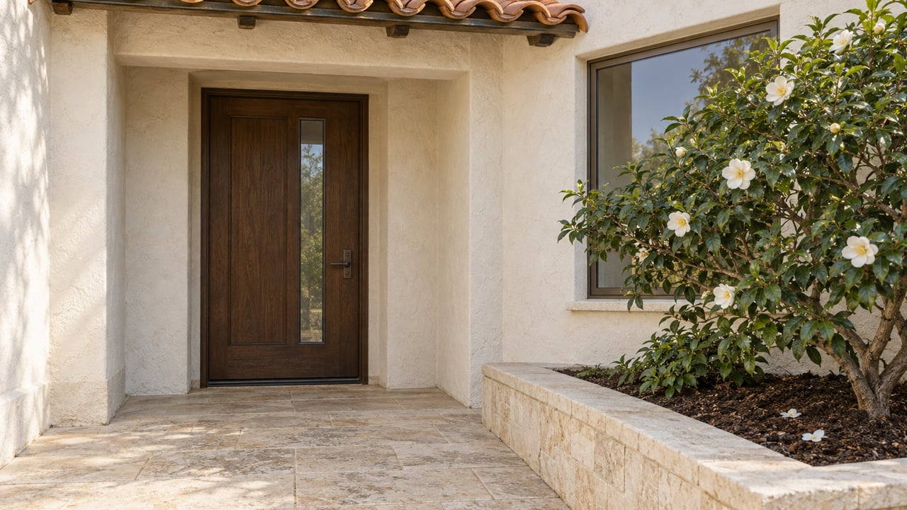 Ivory stucco home entry with a dark oak door, clay-tile eave, limestone paving, and a white-flowering camellia in a raised planter.