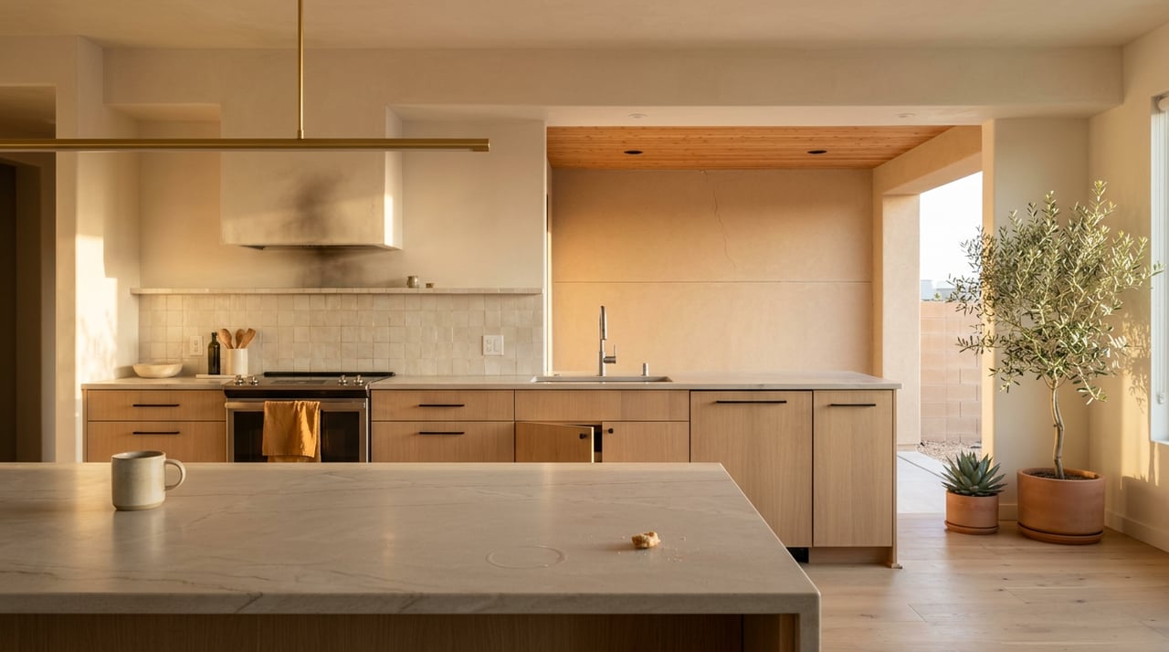 Desert-modern kitchen with a quartzite island, oak cabinets, and potted olive and agave plants by the patio.