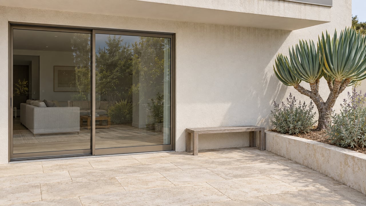 Warm-white stucco terrace with bronze-framed glass doors, pale limestone paving, a weathered teak bench and sculptural aloe planting.