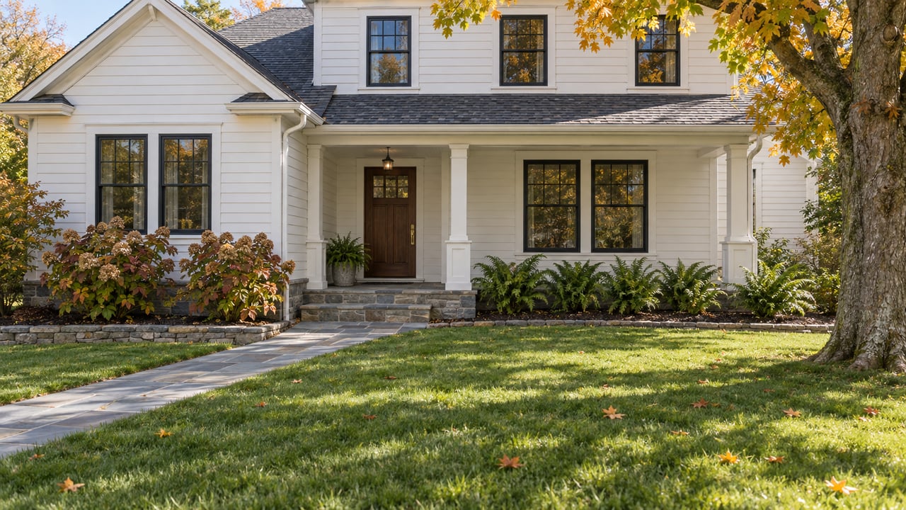 A refreshed white clapboard home behind a deep autumn lawn, with a bluestone approach, stone porch and amber sugar maple.