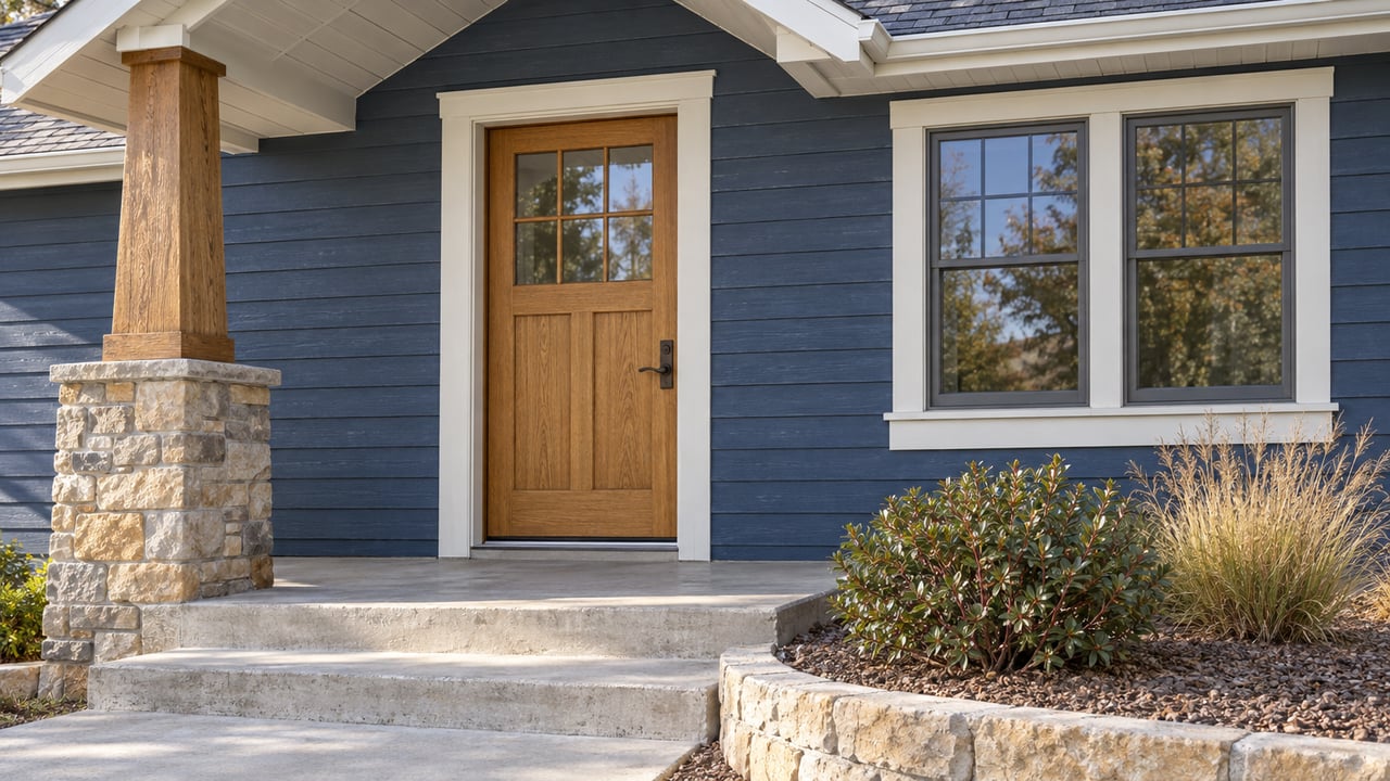 Sunlit blue-sided home entry with an oak door, sandstone porch pier, concrete steps, and a small dry-climate planting bed.