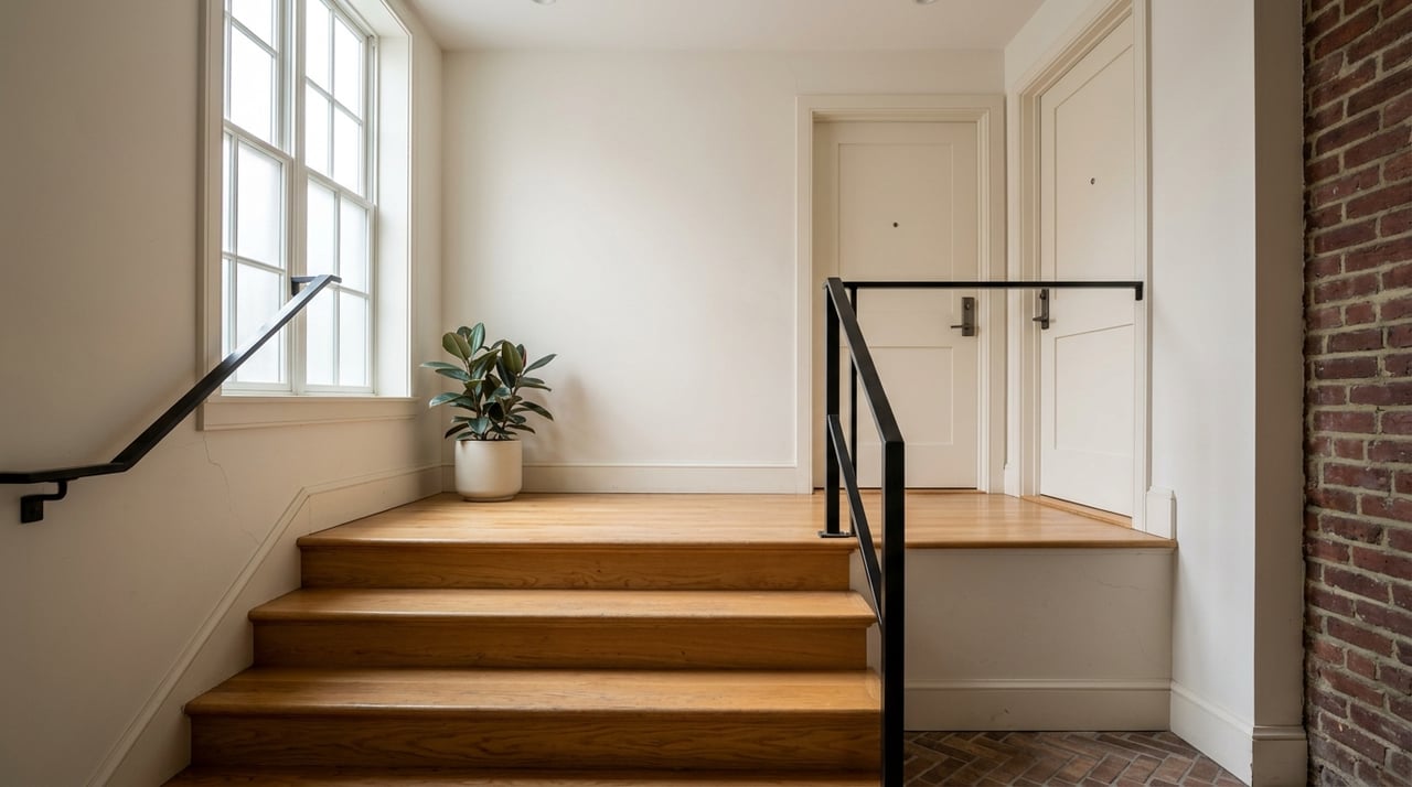 Shared stair landing with two apartment doors.