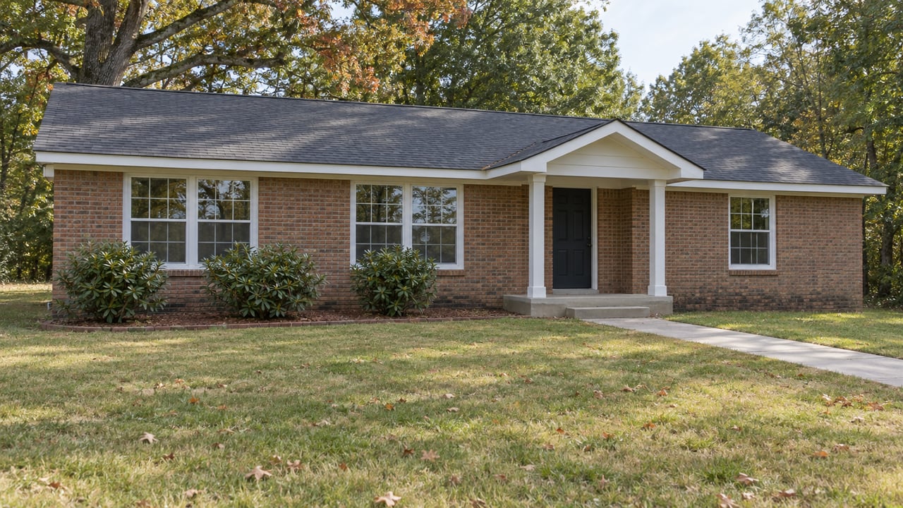 Low red-brick home with white-trimmed windows, a shaded porch and a broad patchy autumn lawn beneath a mature oak.