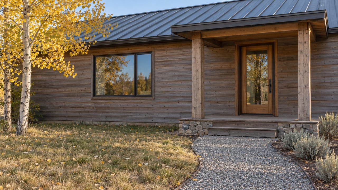 Weathered cedar home with a metal pitched roof, sheltered glazed entry, gravel approach and golden aspen beside a modest yard.