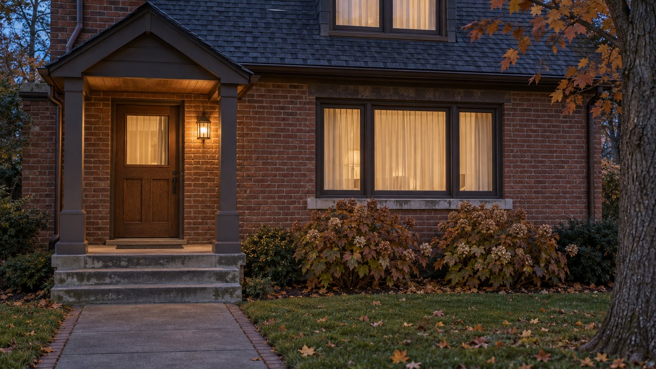 A brick home's oak entry and broad front window glow warmly at twilight beside russet oakleaf hydrangeas and a leaf-strewn lawn.