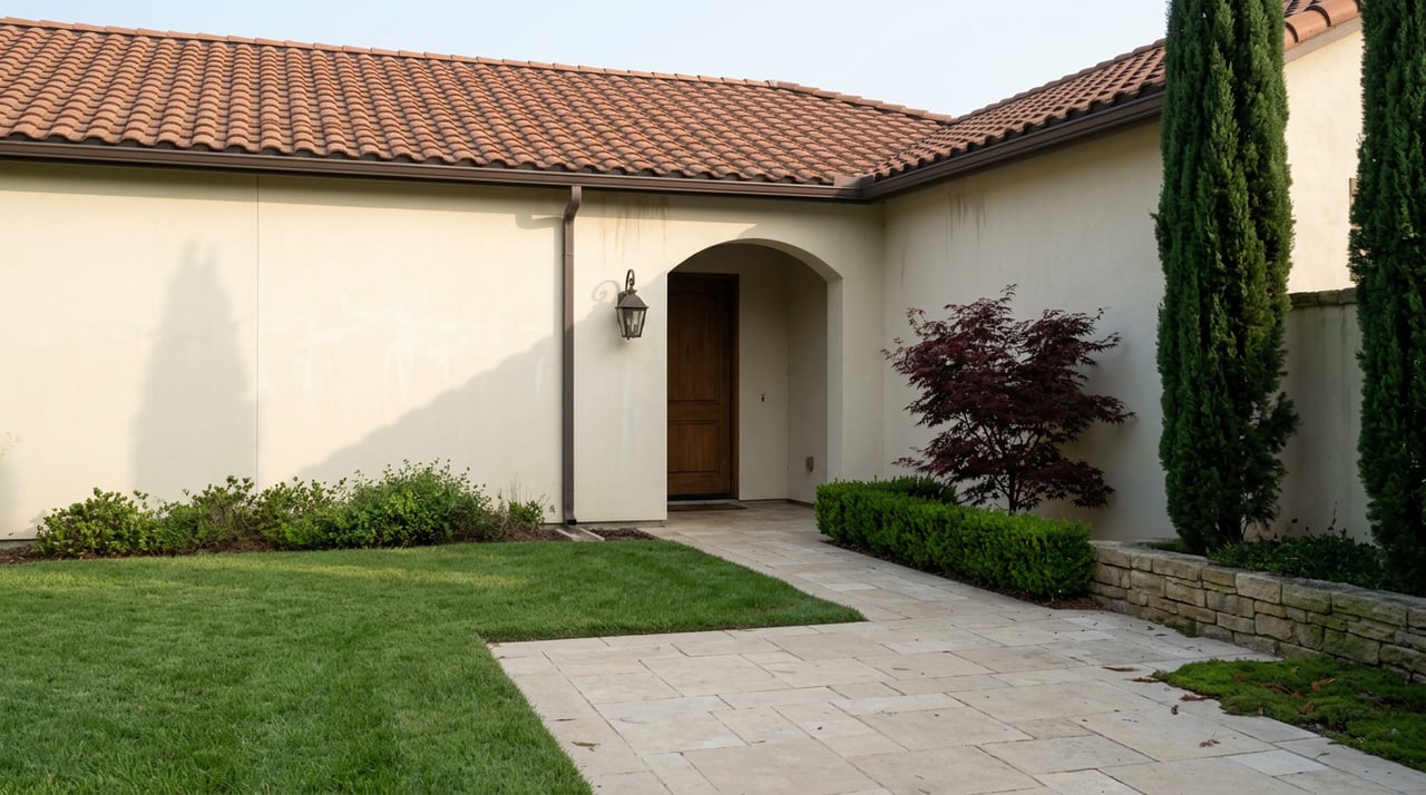 Mediterranean-style home with a terracotta tile roof, arched entry, limestone walkway, broad lawn, and burgundy Japanese maple.