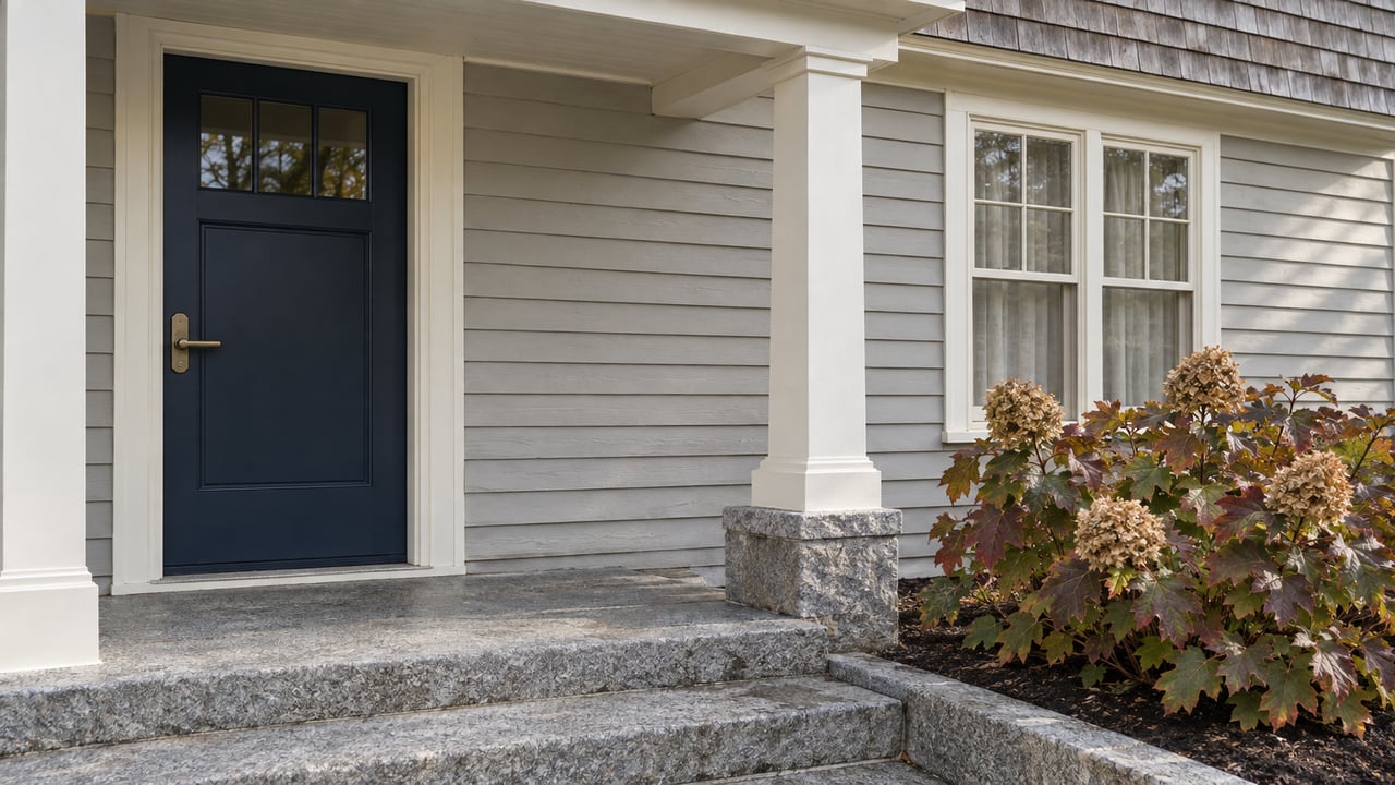 Gray clapboard home with a navy entry door, divided-light window, granite steps and autumn oakleaf hydrangea.