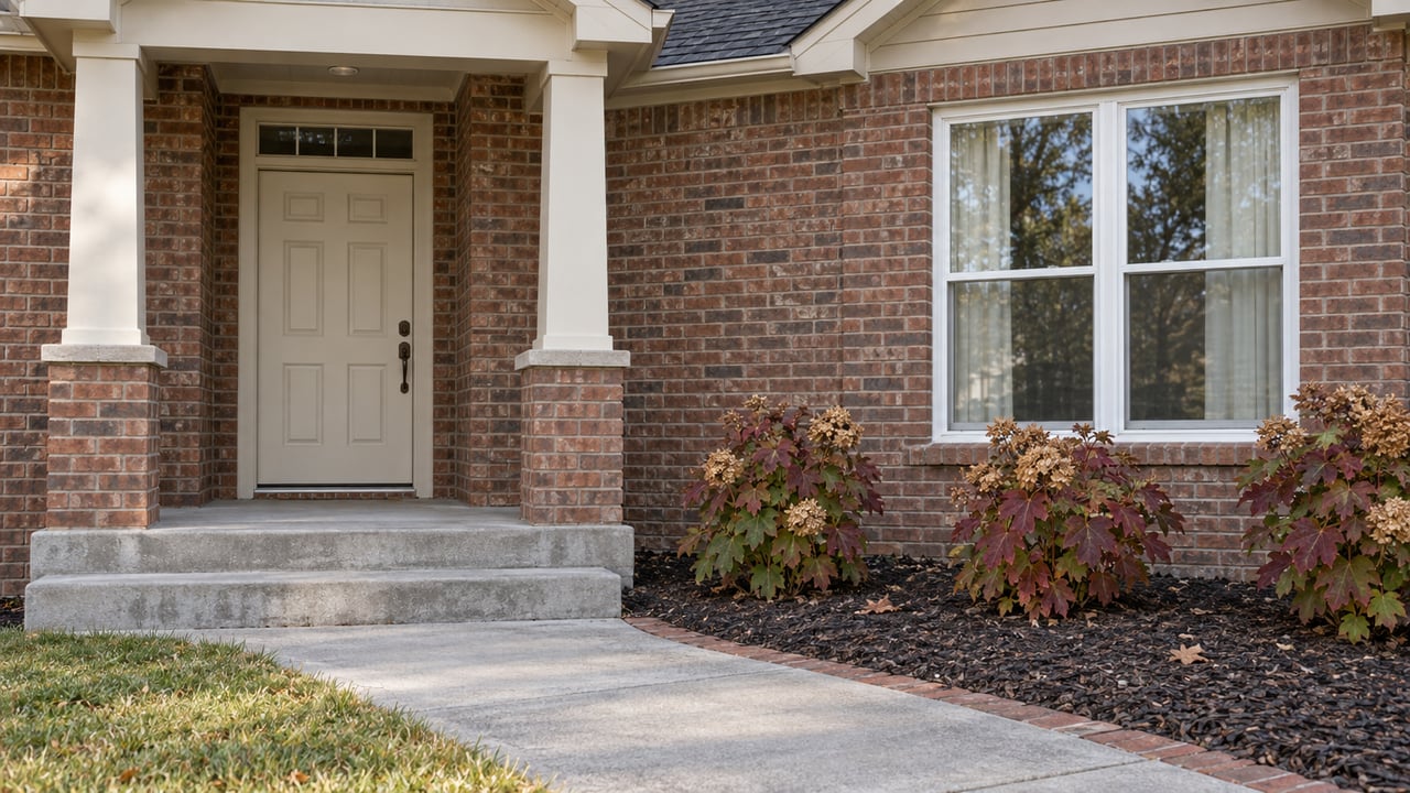 Red-brown brick home entry with cream trim, a broad window, concrete steps and oakleaf hydrangeas in autumn color.