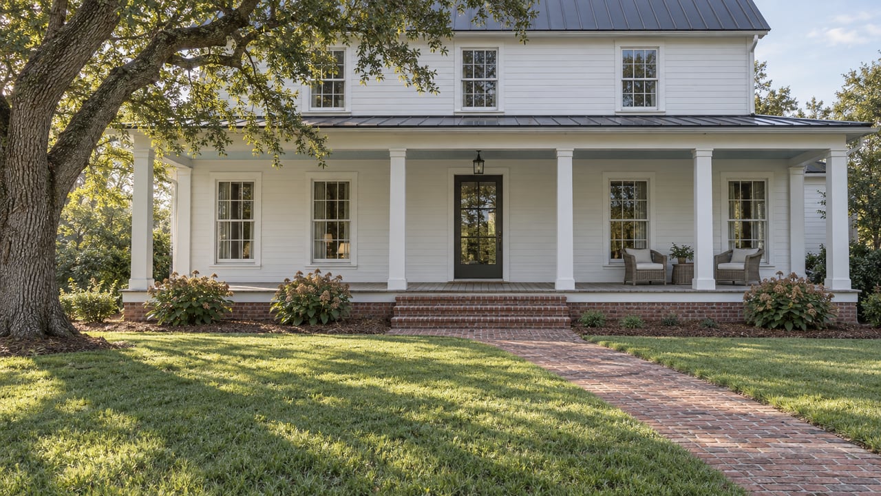 White clapboard home with a broad covered porch, brick approach, deep lawn and a spreading live oak in soft morning light.