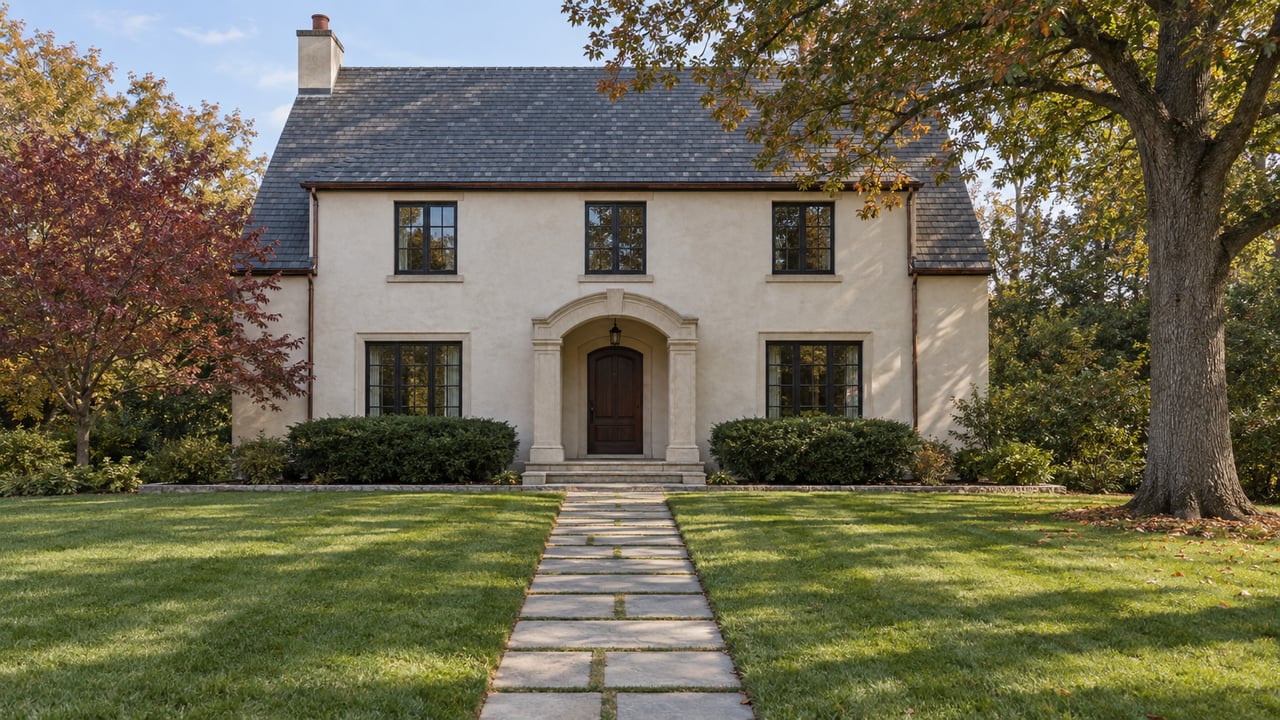 An ivory masonry home with a dark slate roof behind a broad lawn, stone approach, mature oak and burgundy-leaved dogwood.