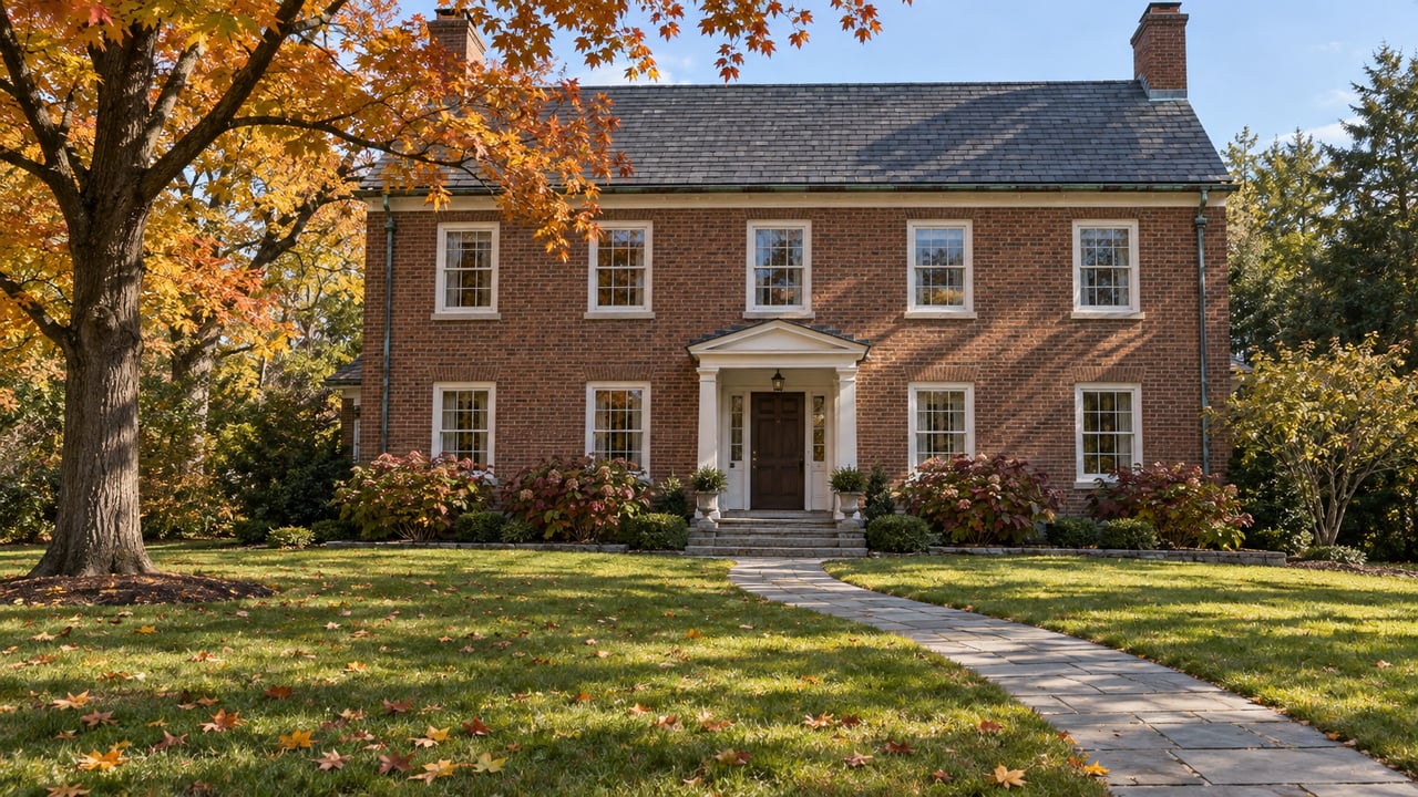 A two-story brick home behind a broad autumn lawn, with a bluestone approach and an amber-leaved maple.