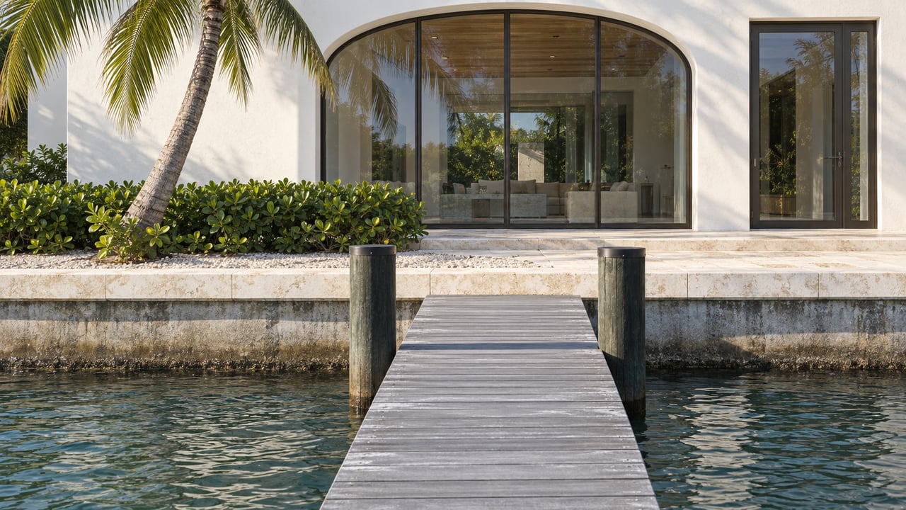 Private dock leads across rippled water and a limestone-capped seawall to a white stucco waterfront home.