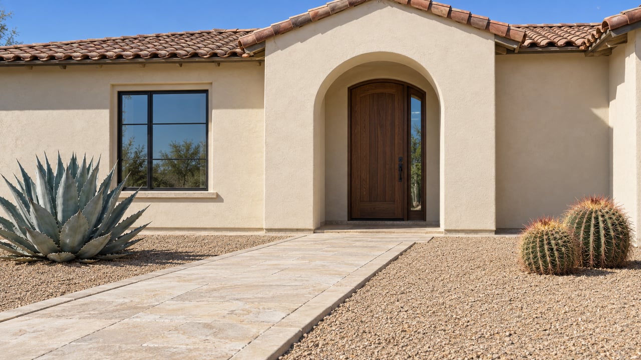 Cream stucco house with an arched walnut door, limestone-paver walk, agave, and barrel-tile roof.