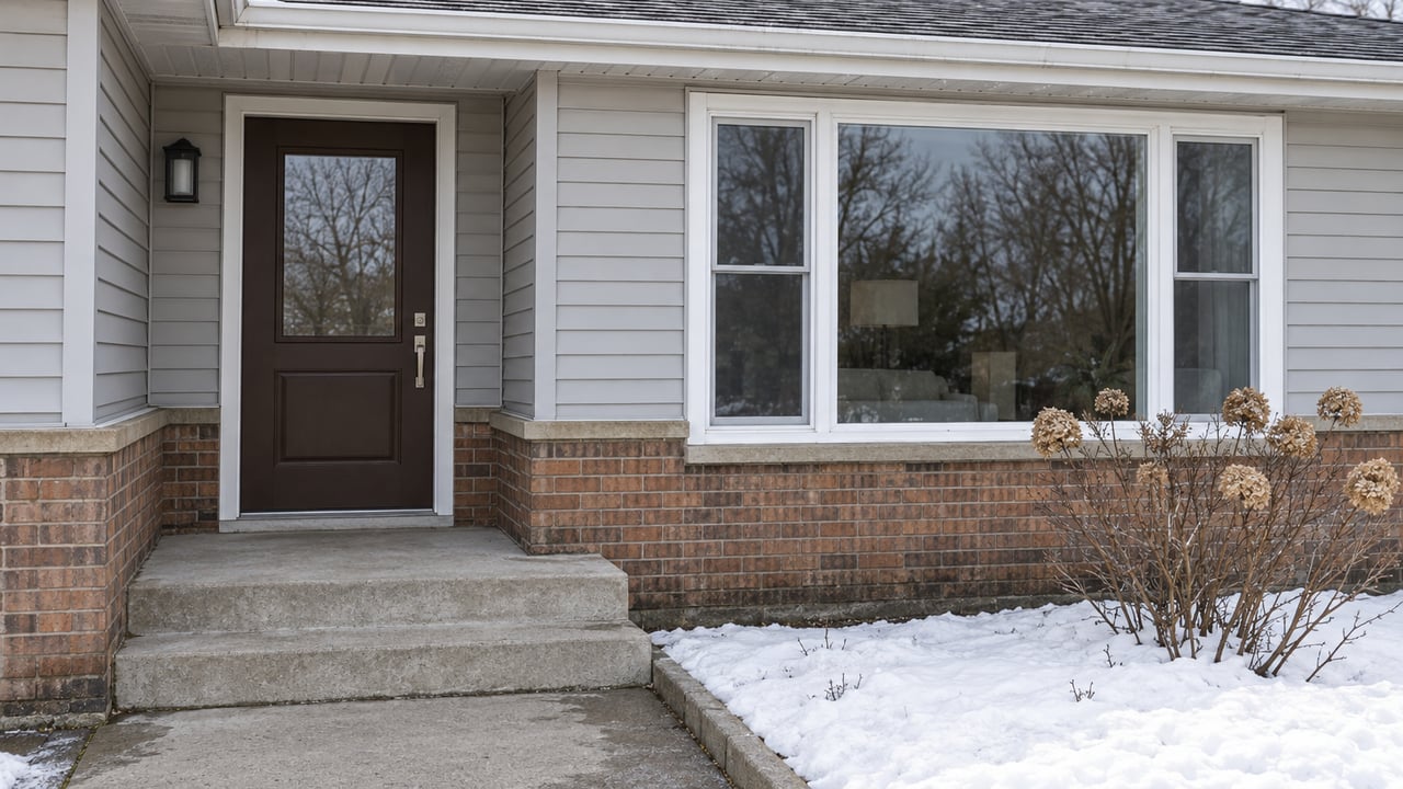 Winter daylight on a modest ranch home's recessed brown door, gray siding, brick base, and cleared concrete approach beside a snow-covered hydrangea bed.