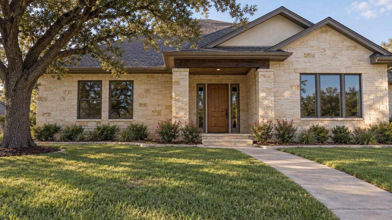 Limestone and ivory-stucco home with a covered timber-accented entry, deep front lawn, mature live oak and a concrete approach in warm evening light.