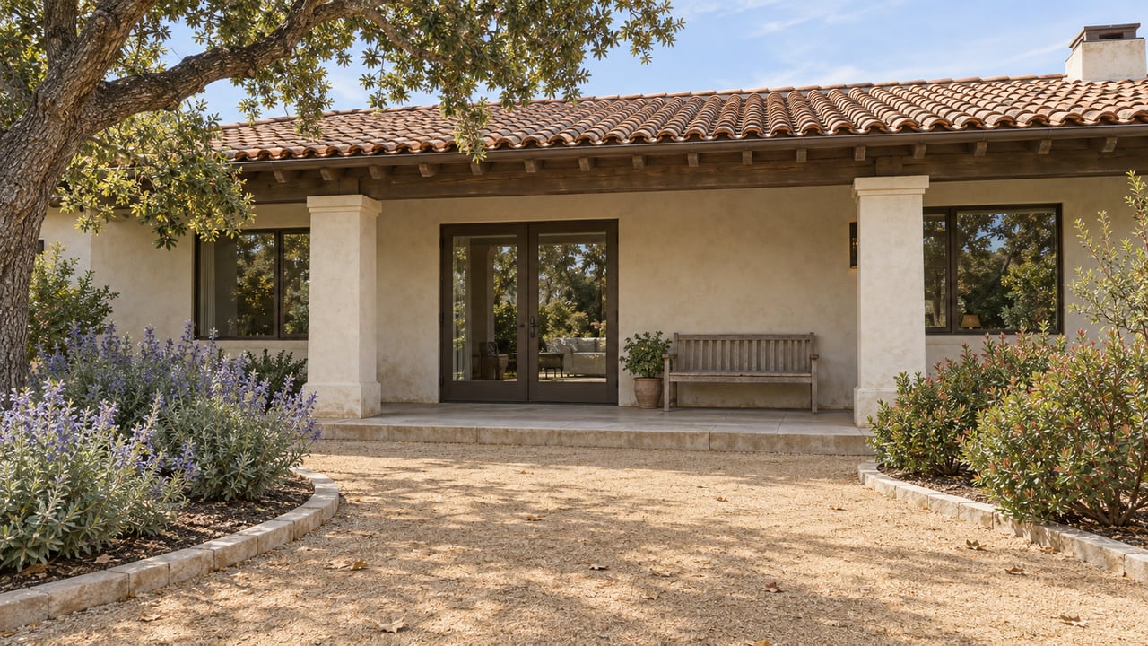 An ivory stucco home with a clay tile roof and shaded terrace opens onto a decomposed-granite garden with a mature oak, flowering sage, and manzanita.