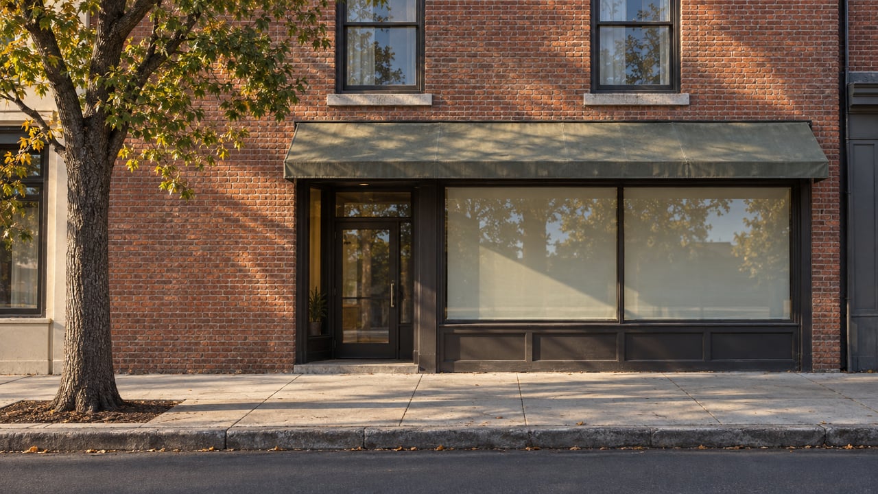 Two-story brick live-work building with sash windows, a storefront, and a street tree beside the sidewalk.