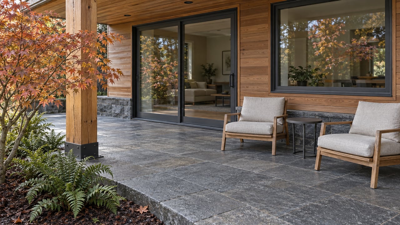 Covered cedar-and-timber terrace with basalt paving, two teak lounge chairs and a copper-leaved vine maple beside enclosed glass doors.