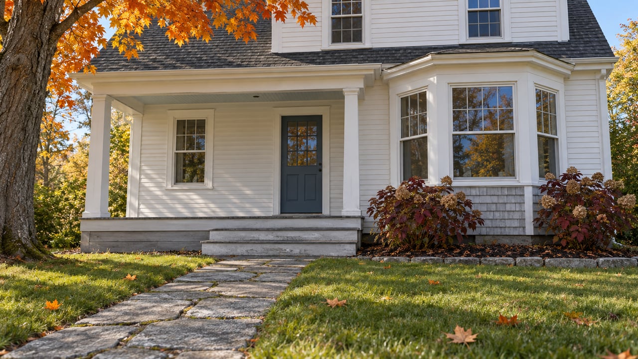 White clapboard home with a blue front door, covered porch, bay window and granite walk beneath copper-orange maple leaves.