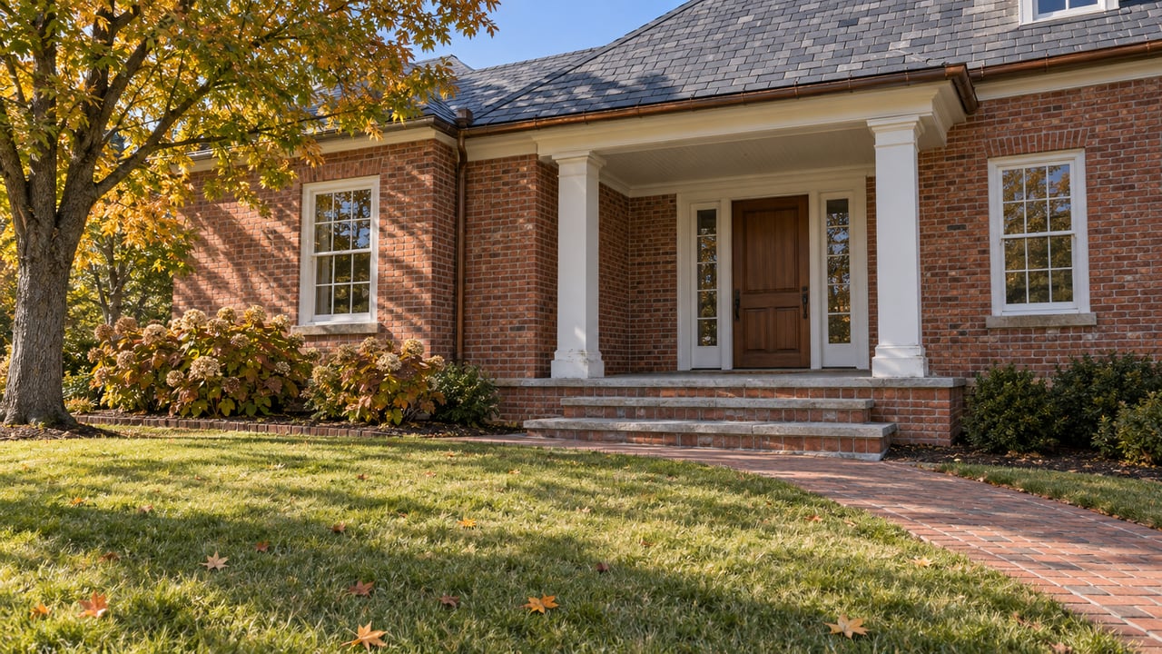 Autumn sunlight on a red-brick home with a slate roof, white porch columns, a broad lawn, and an amber-leaved maple.