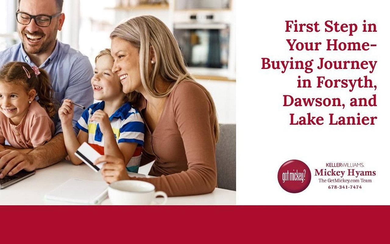 A family gathers around a laptop beside a headline about starting a home-buying journey in Forsyth, Dawson, and Lake Lanier.